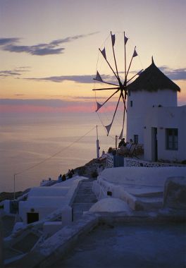 Windmill in Oia ("ee-a"), on the island of Santorini, Greece.