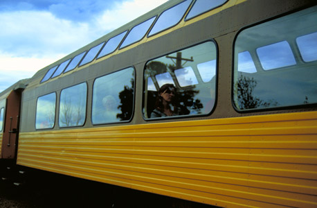 Lorri on train, New Zealand