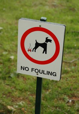 Higher grade of sign, with larger and more carefully rendered dog. Note the difference in stink lines - this sign exhibits greater contrast in stink-line length for a more elegant appearance that complements the more realistic illustration of the dog.