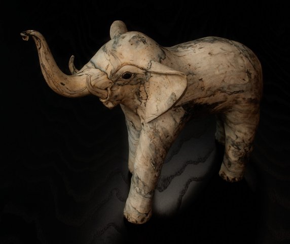 I shot this elephant on the coffee table with two strobes - one camera left with an umbrella reflector and one behind and above the subject through a diffuser. The image was post-processed slightly to increase contrast and warm the color just a bit.